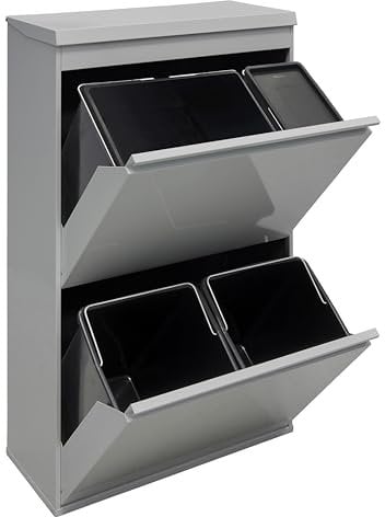 ARREGUI Top CR622-B2 Steel Waste Separation System with Storage Box with Lid 4 Compartments Waste Bin for the Kitchen 23 + 11 + 17 + 17 L (68 L) 1 Extra Large Bucket 4 Compartment Waste Bin Light Grey