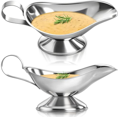ZOOFOX Set of 2 Gravy Boat, 8 oz Stainless Steel Sauce Boat with Easy-Pour Spout and Handle, Sauce Serving Dish for Salad Dressings, Creamer, Broth, Black Pepper