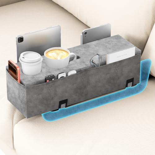 Heyife Sofa Armrest Couch Caddy with Cup Holder, Removable Couch Armrest Table Pillow Drink Holder Tray Insert Between Cushions, Sofa Accessory Storage for Reading & Bed Rest Pillows