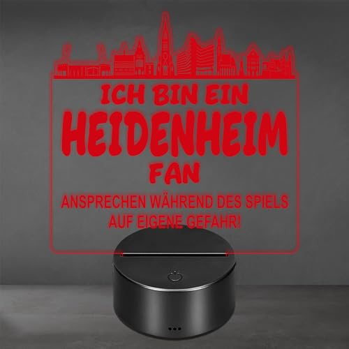 Lieblingsmensch Heidenheim Fan Fußball LED Nachtlicht – 3D Skyline Design „Ansprechen auf eigene Gefahr“ – RGB Farbwechsel mit Fernbedienung & Touch – Stimmungslicht für die Man Cave – 19x23cm