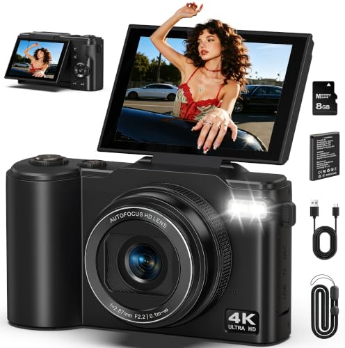 4K Digital Camera 64MP UHD Compact Camera with 3.0” 180° Flip Screen, 18X Digital Zoom Vlogging Camara with 1500mAh Battery Portable Mini Cameras for Teens, Adults and Beginners