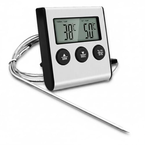 Termómetro Cocina con Sonda, Temporizador integrado, Termometro Horno Digital para Cuisine, Comida, Barbacoa, Liquidos y Aceite, Doméstico Termómetro Carne con Gran Pantalla LCD & Alarma