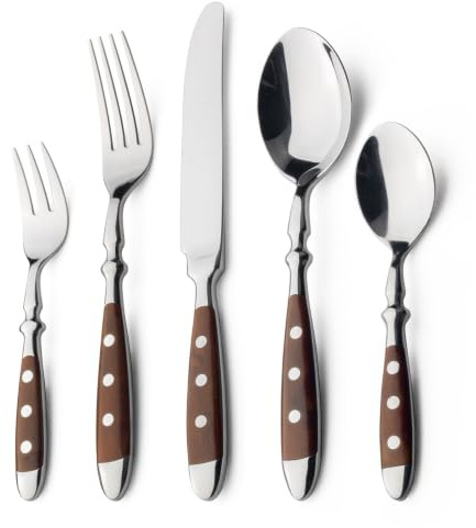 Alata Besteck Set für 12 Personen - Rustikales Tafelbesteck Set aus Edelstahl mit Braunen Griffen - Schwer und Geschmiedet - 60-teilig - Serie Berlin