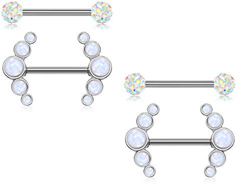 Mayhoop 2 Paar 14G Chirurgenstahl Kristallkugel Opal Brustwarzenpiercing Barbell Damen Piercing Brustwarze Schmuck Nipplerings Piercing Schmuck Silber