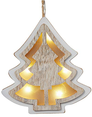 hellum LED Tannenbaum zum Aufhängen, Holztannenbaum weiß gebeizt, 5 warm-weiße LED, 19x17,5cm, batteriebetrieben (2xAA, Nicht inkl.) Fensterdeko Wohnzimmer Schlafzimmer Weihnachtsdeko 521054