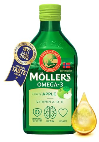 Moller’s ® | Huile de foie de morue oméga 3 | Compléments alimentaires oméga-3 avec EPA, DHA, vitamines A, D et E | Prix Superior Taste | Marque vieille de 166 ans | Pomme | 250 ml