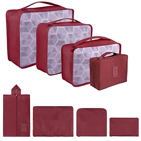 Coolzon Packing Cubes Koffer Organizer, 8 Stück Kofferorganizer Packtaschen Packwürfel mit Schuhbeutel Wäschebeutel Reiseorganizer Kleidertaschen für Rucksack,Ziegelrot