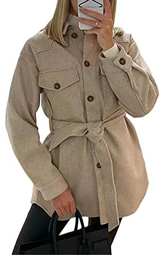 ORANDESIGNE Damen Slim Fit Hemd Hemdjacke Langarmhend mit Brusttaschen Hemdbluse Bluse Shirt mit Gürtel Designer Blogger