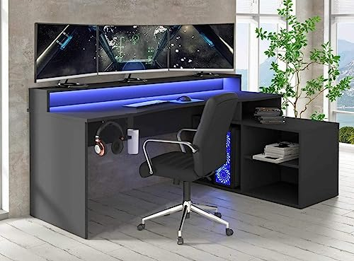 Forte TEZAUR Computertisch Gaming Desk mit LED-Beleuchtung und Regalteil, Holzwerkstoff, Schwarz, B x H x T: 200 x 91,1 x 125,4 cm