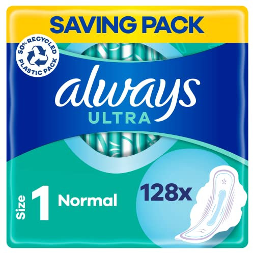Always Ultra Sanitary Towels with Wings, Size 1, Normal, 128 Towels (32 x 4 Packs), Odour Neutraliser, Super Absorbent Core