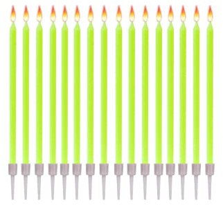 16 Bougies Anniversaire Longues Fines & Supports - Taille 12 cm x 0,5 cm - Couleur Vert Clair
