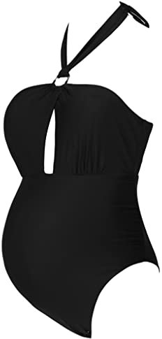 Mufeng Maillot de Bain Grossesse Maternité Femme 1 Pieces Halter Dos Nu Bikini à Licou Grossesse Tenue de Plage été Enceinte Femme S-XL A Noir M