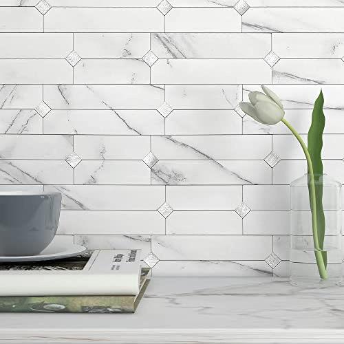 M MOFIT Selbstklebende Wandfliesen, selbstklebend, Marmor-Mosaik für Küche, Kamin, Badezimmer, Weiß, Silber, 10 Blatt