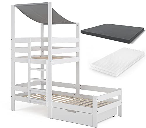 Vitalispa Hausbett Tom, Weiß, 90x200 cm mit Schublade und 2 Matratzen