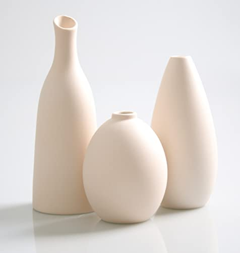 Mini Kleine Deko Vasen 3er Set aus Keramik für Tischdeko, Handgefertigte Blumenvasen im Boho Look für Pampasgras, Beige Vase