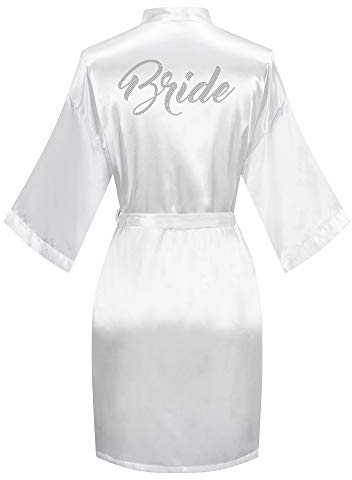 Teemie Damen Satin Kimono Bademantel Morgenmantel Braut Brautjungfern Robe Kurz Sexy Nachtwäsche Leicht Pajama Nachthemd Hochzeit Party Sommer Weiß