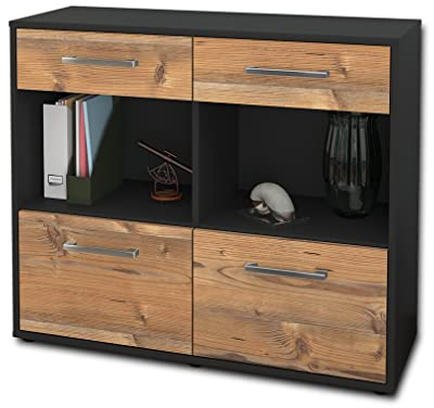 Lqliving Sideboard - Beistellschrank Christina, Korpus: anthrazit matt, Front: Holz-Design Pinie (92x79x35cm), inkl. Metall Griffen, Made in Germany