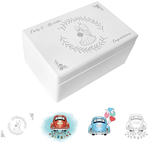Creative Deco Weiße Geschenk zur Hochzeit | Erinnerungsbox Hochzeit | Personalisiert Geschenkkiste für Brautpaar | Mehrere Hochzeit Motiv | Holzkiste mit Deckel | Farbdruck | 30 x 20 x 14 cm