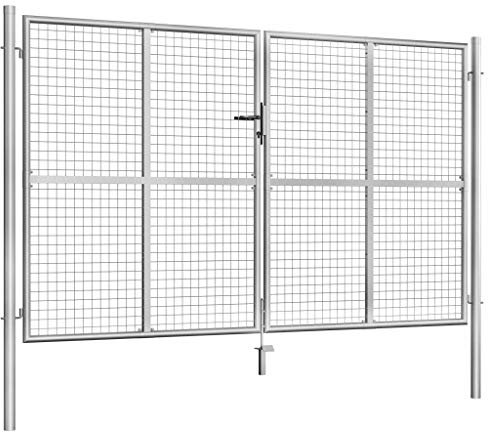 Homgoday Gartentor Gartentür Doppelflügel Zauntor Hoftor Gartenpforte Zauntür Gartenzaun Pforte Metalltor Einzeltor Hoftür Tor mit Schloss Verzinkter Stahl 306 x 200 cm Silbern