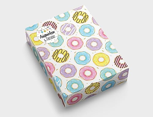Geschenkpapier Donuts Geschenkverpackung für kleine Geschenke Kindergeburtstag Geburtstag Mitgebsel Gastgeschenke verpacken (12 Bögen in DIN A3 + 12 Aufkleber + 50 Verschlusspunkte)