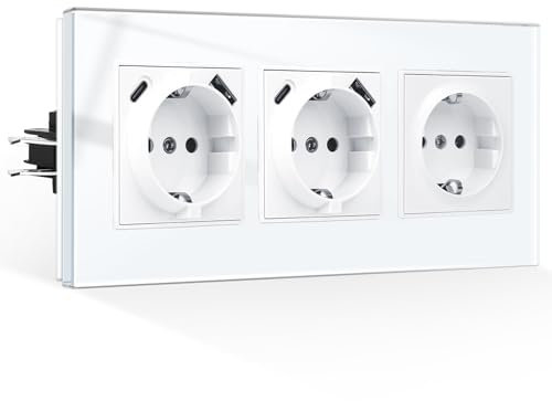 CNBINGO Dreifachsteckdose mit USB Anschluss, 2× (USB-A und Typ-C Port Max.2,1 Amp total), Unterputz Steckdose mit Krallen, Schuko Steckdose mit Glasrahmen in Weiß, 3-Fach