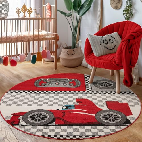 Carpettex Kinderteppich Rennwagen Design Rot 160 cm Rund - Kurzflor Teppich Kinderzimmer für Mädchen und Jungen Pflegeleicht Weich - Waschbarer Spielteppich Babyteppich Gaming Teppich Babyzimmer