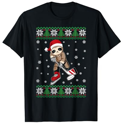 Ugly Christmas Sweater Sloth Ice Sport Hockey Player T-Shirt