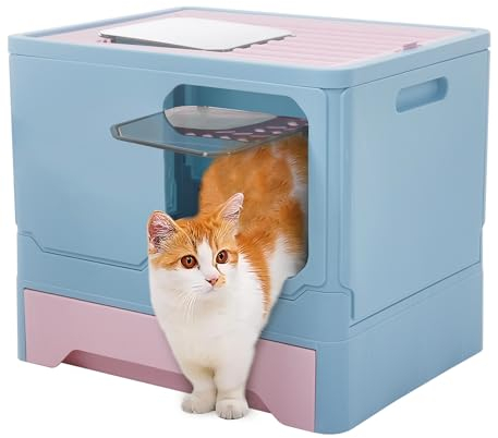 The Fellie Large Cat Litter Box With Lid, Hooded Drawer Pan & Scoop, Easy Clean Odor Control, 2 Ways In and Out, Pink