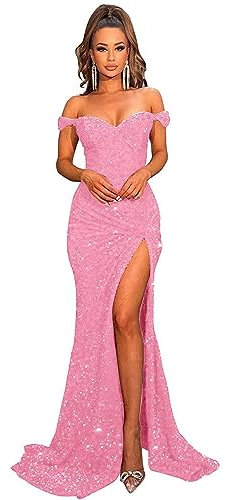 Abiti da sera formali da donna con spalle scoperte a sirena abiti da sera lunghi con paillettes con fessura, rosa cipria, 50