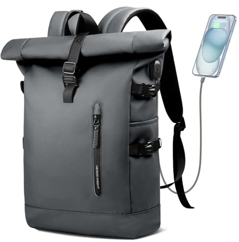 HEROIC KNIGHT Roll Top Laptop Backpack for Men Women Casual Daypack for 15.6, Dark Grey, Modern