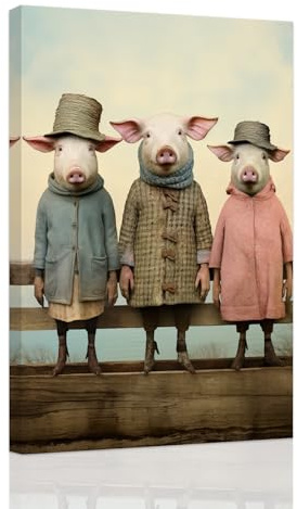 ZXHYWYM Rosa Schweine Leinwand Wanddruck Bauernhof Tier Wandbilder Lustige 3 Schweine Malerei Rustikales Zuhause Badezimmer Küche Bauernhaus Wanddekoration mit Rahmen (E (40.00 x 60.00 cms))