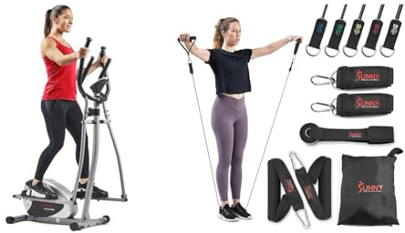 Sunny Health & Fitness Legacy Stepping Elliptical Machine, Total Body Cross Trainer + Premium esistance Band Set With Door Anchors, Wrist Straps, Handles & Carry Bag
