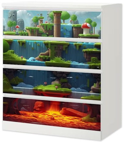 Sunnywall® Möbelfolie passend für IKEA Malm Kommode Schrankfolie Aufkleber mit Game Level Lava Motiv | blasenfrei verkleben | Kinderzimmer 4er 80 cm