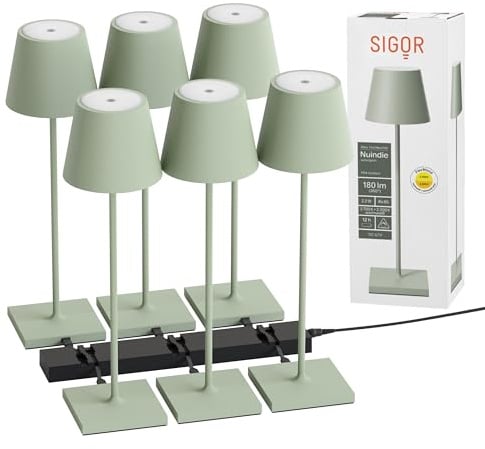 SIGOR Nuindie 2.0 Akku-Tischlampe, 6er-Set mit Ladestation, salbeigrün | Dimmbar • Indoor & Outdoor • IP54 • 38 cm • USB-C • 12 h Leuchtdauer • inkl. 6-fach Ladestation