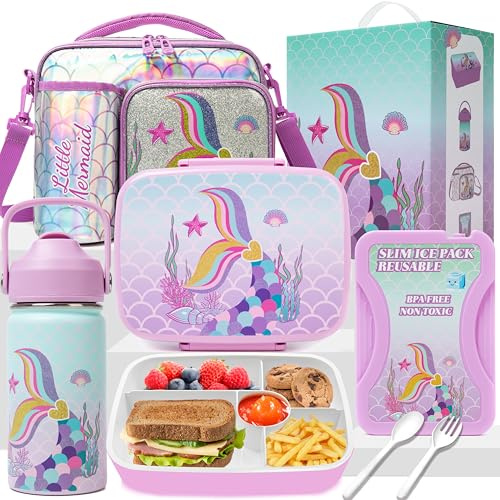 Oruiji Lonchera de sirena para niñas con bolsa de almuerzo aislada para niñas con botella de agua, lonchera para niñas de 5 a 12 años con juego de bolsa de hielo, caja bento para niños con almuerzos o
