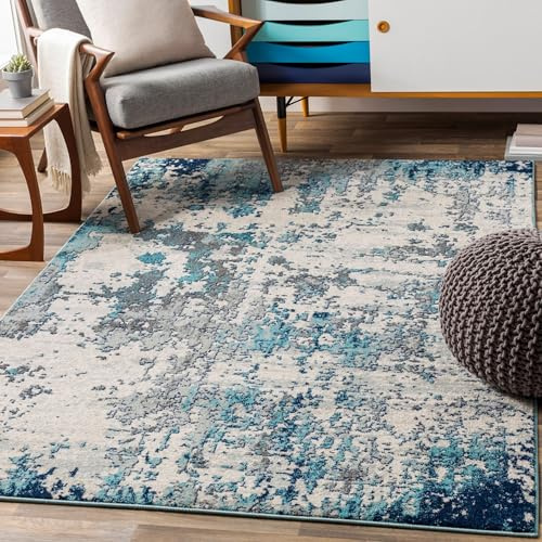 Livabliss Moroni Abstract Rug - Area Rugs Living Room 140x200 cm, Dining Room, Lounge, Kitchen, Bedroom - Modern Marble Large Rug, Soft Luxurious Easy Care Medium Pile, Blue, Grey and Ivory