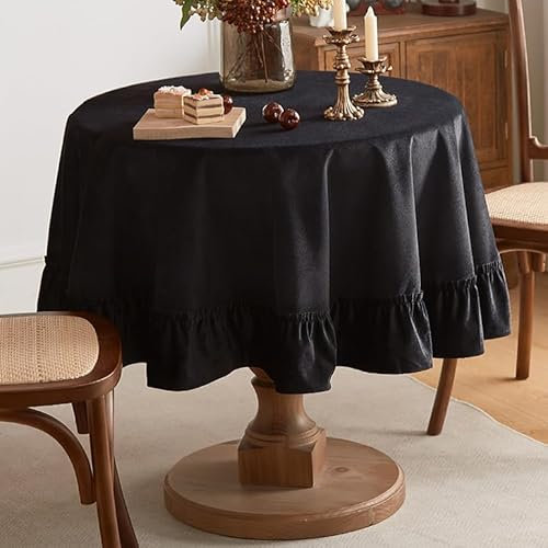Tootop Weiche, luxuriöse Samt-Tischdecke, gerüscht, einfarbig, rund, dick, Vintage-Stil, ovaler Stil, waschbar, geeignet für Partys, Hochzeiten, Babypartys, Küche, 152 cm rund, Schwarz