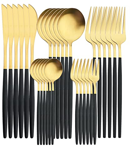 TIANHEY Juego De Vajilla con Mango Mate De 6/30 Piezas, Vajilla De Acero Inoxidable, Cuchillo, Tenedor, Cuchara, Cubiertos Occidentales, Resistentes Y Duraderos, Negro Y Dorado