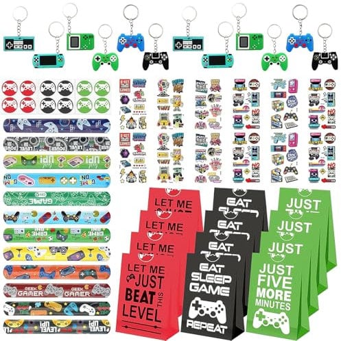 GMHLLES 60PCS Gaming Party Bag Fillers, Video Game Party Bags for boy kids, Gamer Party Decorations Bag Fillers, Game Keychain Tattoo Stickers Slap Bracelet Gift Bag, Boys Birthday Party Supplies