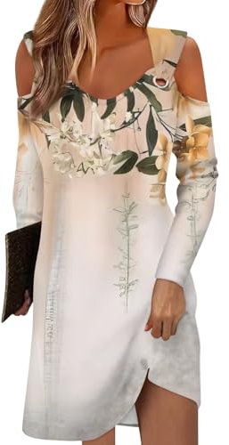 Temu Shop Kleidung Damen Tunika Kleid Damen Sommer Damen Kleider Festlich Elegant Kleider+Für+Hochzeitsgäste Blumen Bedruckt Langarm Strandkleid Rückenfrei Blusenkleid Midikleid (Beige, Xl)