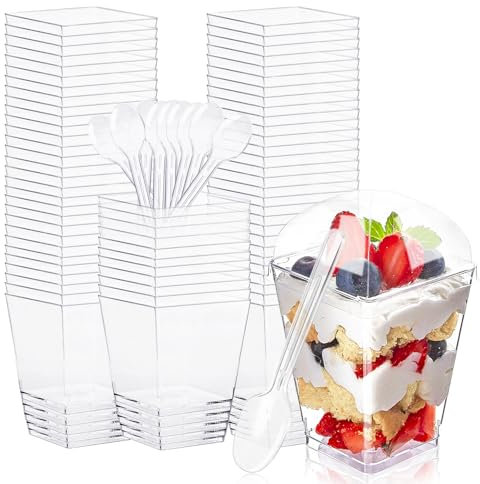 Forhandy 60 Stück Dessertbecher, 5oz/160ml Dessertgläser mit Deckel und Löffeln Klare Quadratischer Dessertbechern Wiederverwendbar Dessertschalen für DIY Dessert Mousse zu Hochzeiten Geburtstagsfeier