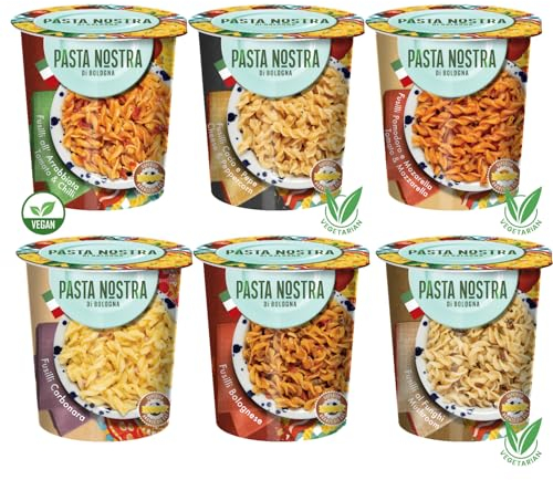 Pasta Nostra | Pack of 6 x 70g | Instant Pasta Pots, Fusilli | Bolognese-02, Carbonara-01, Arrabbiata-01, Tomato & Mozzarella-02 | Made in Italy, Ready in 5 minutes, 4 Flavours Variety Pack