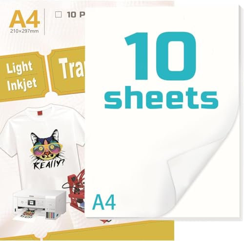 Inkjet Iron on T Shirt Transfer Paper for Light Fabrics A4 Upgrade, Print Your own DIY Shirts for Christmas, Anniversaries, Birthdays (10)