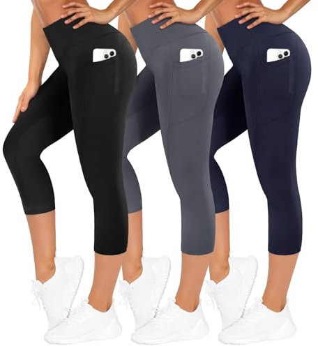 TNNZEET 3er Pack Leggings Damen 3/4 mit Taschen Capri für Sport, High Waist 7/8 Caprihose Sporthose für Gym(Schwarz/Dunkelgrau/Marineblau,XXL)