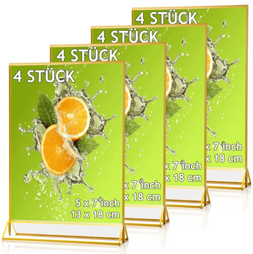 EOGRFW 4 Stück Acryl Schilderhalter mit Goldrand,Bilderrahmen mit Goldenen Rändern und Vertikalem Ständer,Tischaufsteller 13x18 cm,Doppelseitige Bilderrahmen Gold für Hochzeitsti Schnummern,Restaurant