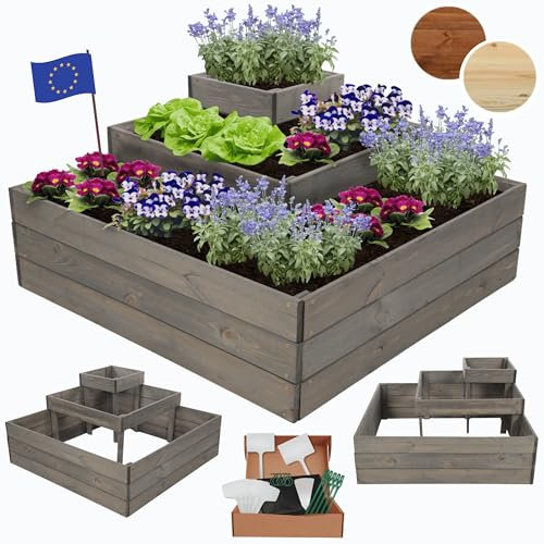 MODO24 Hochbeet, Kräuterbeet, Gartenbeet, Pflanzbeet, Blumenbeet, Stufenbeet, Holz Stufen Treppe, für Garten und Terrasse, Kiefernholz, Massivholz, Abmessungen 45x92x92 cm, Farbe: Grau