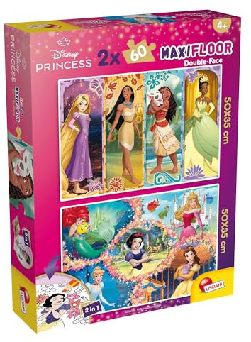 Lisciani - Puzzle Disney Prinzessinen Maxifloor - 2x60 Teile - Doppelseitig für Kinder ab 4 Jahren - Rückseite mit Ausmalmotiven - Format 50x35 cm - Kreatives Spiel - Geschenkidee zum Geburtstag