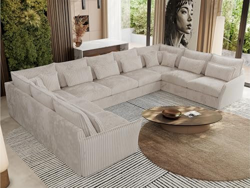 MKS MEBLE Sofa U-Form, Wohnlandschaft, Couch, Ecksofa, Couchgranitur, Polsterecke, Big Sofa XXL, Polstergarnitur - Verso U 9M - Beige Cord