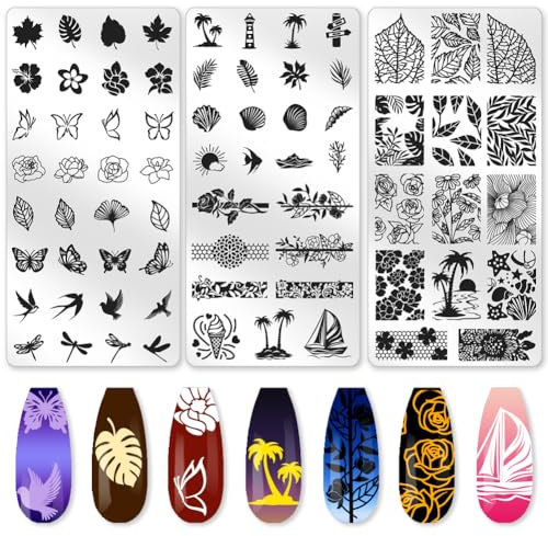 beinkmake 3Pcs Floral Leaves Nail Stamping Plate Set Lace Seaside Nail Stamp Templates French Tip Nail Art Stamp Plates Butterfly Image Plate Reusable Tools with Stamper Scraper for Manicure Printing