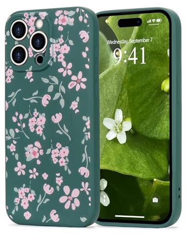 Wirvyuer for iPhone 15 Pro case, Compatible with Magsafe, Cute Floral Leaves Magnetic Phone Case, Pink Flower Shockproof Silicone Slim Bumper Protective Cover for Women Girls, Green